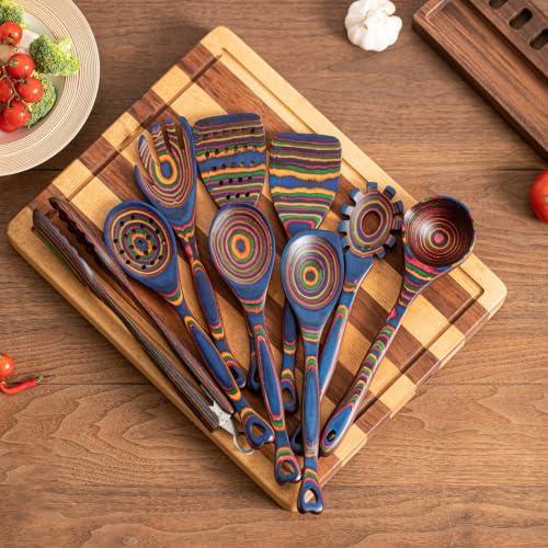 Gudamaye Pakkawood 9-Piece Rainbow Heart Wooden Utensils Set,Wooden Spoons with Soup Spoon and Wooden Tongs, Wooden Utensils for Cooking,Wooden Kitchen Tool, Home & Kitchen Gifts for Men and Women - Image 2