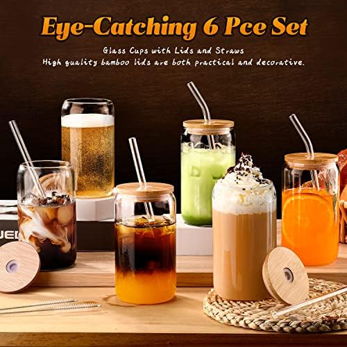 Glass Cups with Lids and Straws 6 pcs, 16 oz-DWTS Cute Tumbler,Beer Drinking Glasses,Clear for Iced Coffee, Tea with Bamboo Lids for Gifts - Image 5