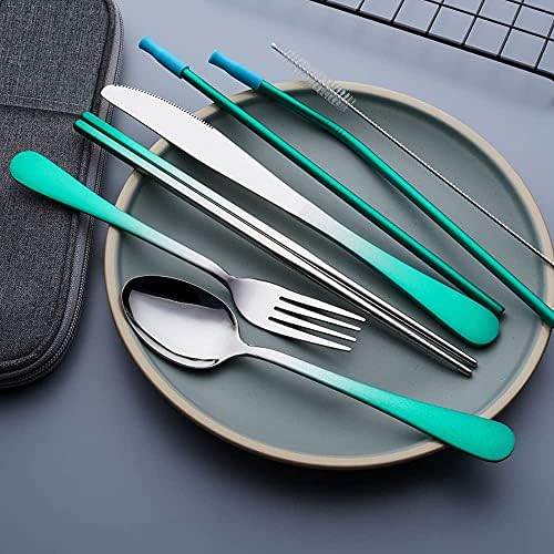 Travel Utensils Set with Case Reusable Portable Cutlery Set Stainless Steel 8pcs Including Dinner Knife Fork Spoon Chopsticks straws(Gradient Green) - Image 2