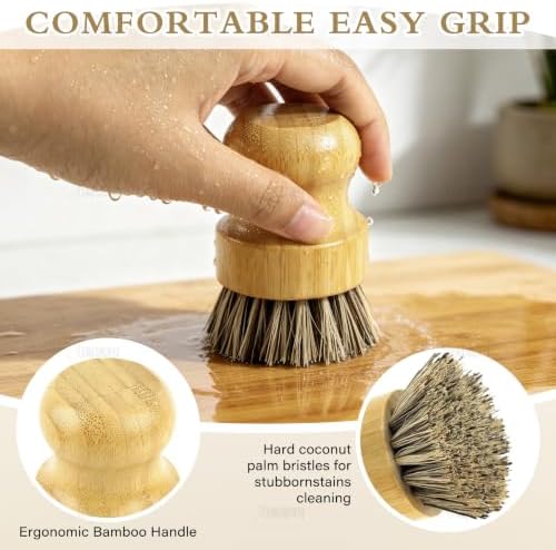 AUEAR, Natural Bamboo Dish Scrub Brush Cleaning Pot Scrubber Brushes Coconut Bristles for Cast Iron Skillet Pots Pans (4 Pack) - Image 3