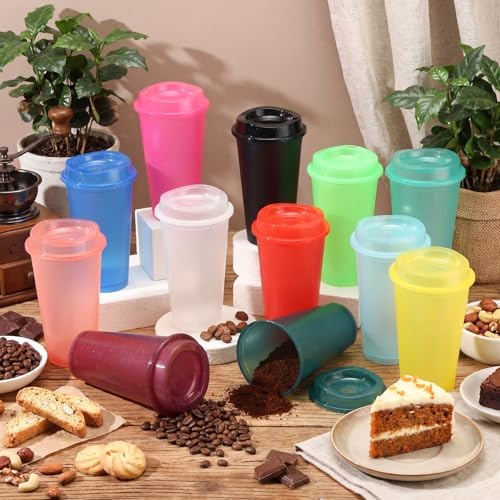 Honeydak 45 Pack 16 oz Reusable Coffee Cups with Lids Water Bottle Iced Coffee Travel Mug Portable Plastic Tea Tumblers Bulk for Hot and Cold Drinks Birthdays Party (Fluorescent Color,Stylish) - Image 2