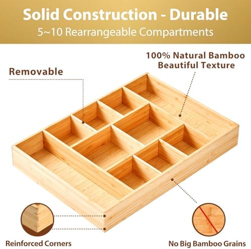 Umilife Extra Large Bamboo Desk Drawer Organizer, Wood Junk Organizer Tray with Adjustable Dividers, Anti-Skip Storage Organization in Office Bathroom Drawer for Vanity, Makeup, 17" x 12" - Image 5