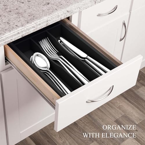 Small Silverware Organizer, Bamboo Kitchen Drawer Organizer, Utensil Holder, Cutlery Tray & Spoon Flatware Storage with Grooved Drawer Dividers (Black, 6.7''W x 12''D) - Image 5