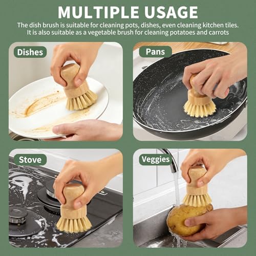 2 Pack Bamboo Dish Brush with Drain Holder - Natural Scrub Brush for Dish with Sisal Bristle, Wooden Dish Scrubber for Kitchen Cleaning Dishes, Pots, Pans and Vegetables - Image 5