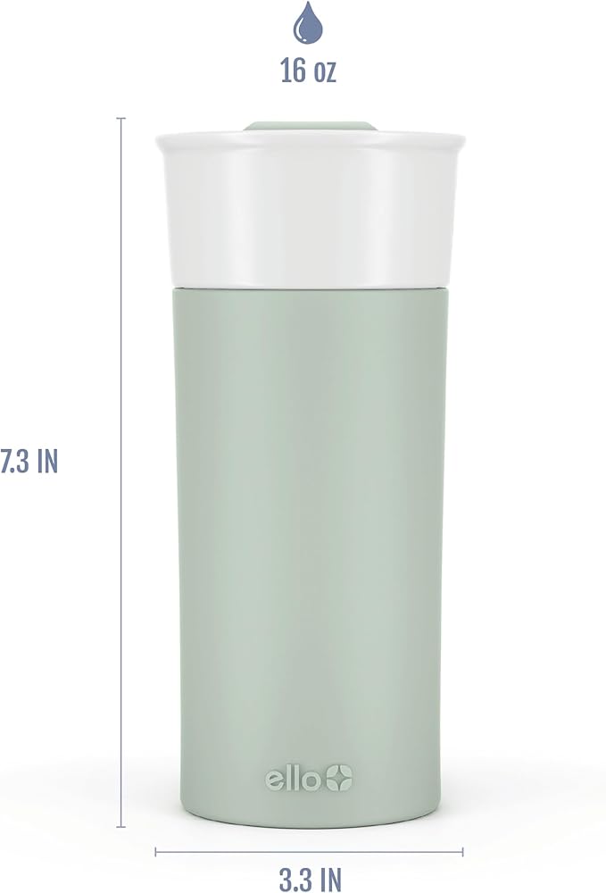 Ello Ogden 16oz Ceramic Travel Mug with Splash-Resistant Slider Lid and Protective Silicone Sleeve, Perfect for Coffee or Tea, BPA-Free, Dishwasher Safe, Honeydew