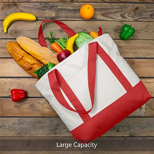 TOPDesign 6-Pack Canvas Tote Bags with an External Pocket, Reusable Grocery Shopping Bags, Top Zipper Closure, Daily Essentials (Red/Natural) - Image 4