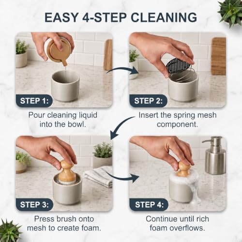 ONEMORE Bamboo Dish Brush with Ceramic Foaming Base, Kitchen Sink Scrub Brush Set with Spring and Mesh Insert, Wooden Handle Dishwashing Brush for Pots Pans Plates Bowls, Gray - Image 4