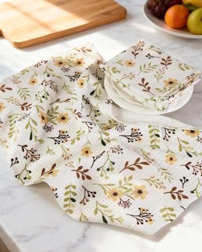 Miss Adola 370GSM Cotton Waffle Kitchen Towels, Flower - Image 2