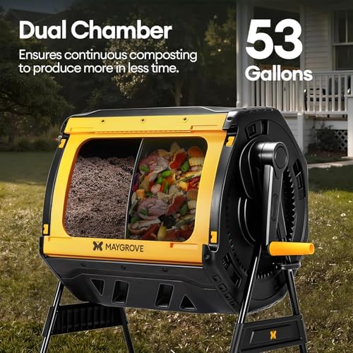 Maygrove Outdoor Compost Bin 53 Gallon, Dual Chamber Large Compost Tumbler for Garden Backyard, with 360° Rotating, Sliding Doors & Solid Steel Frame, Updated Instructions - Image 2