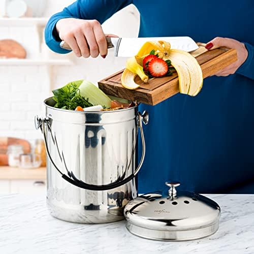 RED FACTOR Premium Compost Bin for Kitchen Countertop - Stainless Steel Food Waste Bucket with Innovative Dual Filter Technology - Includes Spare Filters (Brilliant Steel, 1.3 Gallon) - Image 3