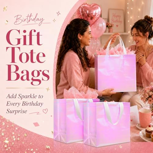 Eccliy 60 Pcs Reusable Gift Bags, Large, Holographic Pink - Image 4