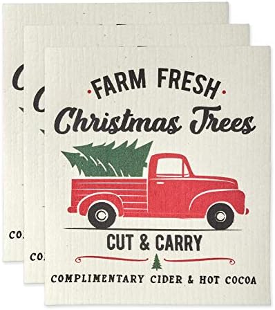 DII Swedish Dishcloths for Kitchen & Cleaning, Reusable, Machine Washable & Dishwasher Safe, Biodegradable, 7.75 x 6.75, Christmas Truck, 3 Piece by DII