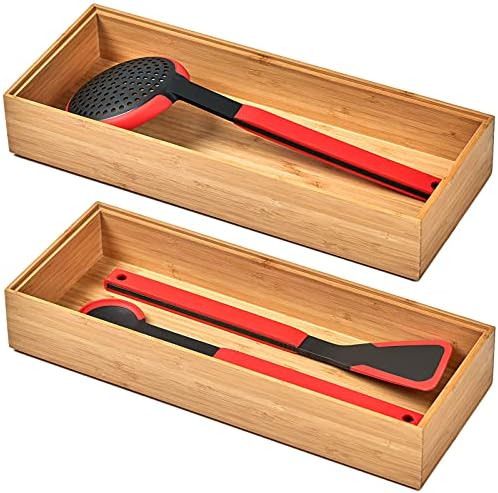 Umilife Bamboo Kitchen Drawer Organizer Boxes with Anti-Skid Silicone Feet, 2pcs Stackable Storage Bins for Kitchen Utensils & Silverware & Desk Drawer & Makeup, Tools Holder, 15”L x 6”W x 2.5”D Each by Umilife