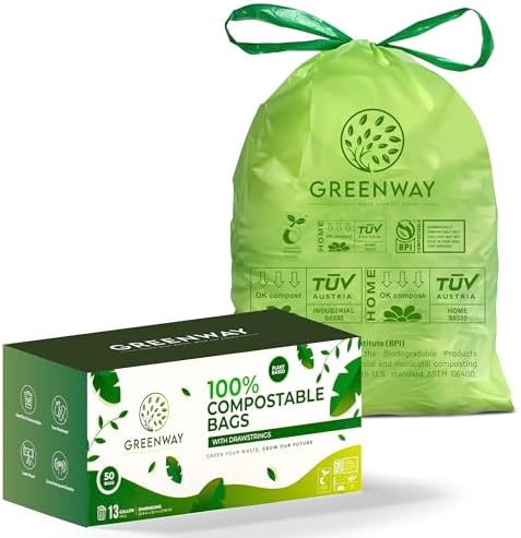 GREENWAY 13 Gallon Compostable Drawstring Trash Bags – Extra Thick 1.0 Mil – 50 Count – BPI & OK Home Certified – Leak‑Proof Kitchen Garbage Bags for Food Waste, Diaper Pails & Tall Bins by GREENWAY