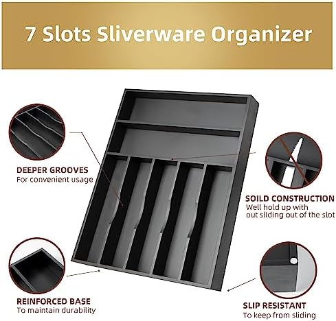 Bamboo Silverware Holder Drawer Utensil Organizer with 7 Slots Black - Image 3