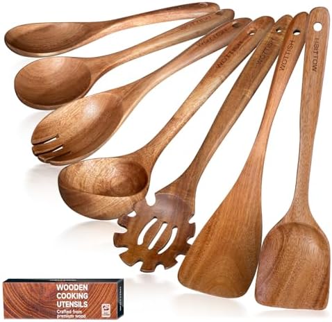 Wooden Spoons for Cooking,WOTTISH 7Pcs Wooden Cooking Utensils,Nonstick Wooden Spatula,Wooden Kitchen Utensils Set Non Toxic,Wooden Utensil Set(A07) by WOTTISH
