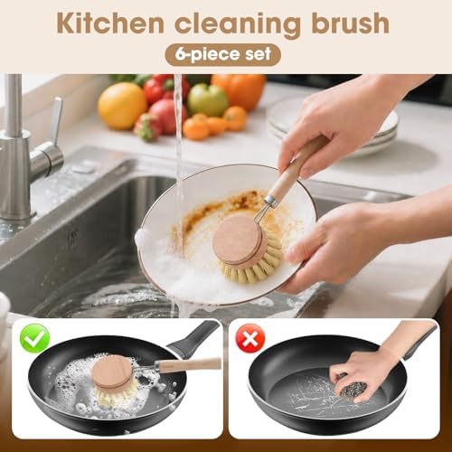 6 Pack Bamboo Dish Brush & Sponge Set, Wooden Handle Kitchen Scrub Brushes with Natural Sisal & Palm Fiber Heads, Multi-Purpose Dishwashing Cleaner for Dishes, Pots, Bottles, Vegetables - Image 5