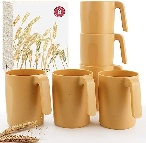 Wrova 16oz Wheat Straw Cups with handles set of 6-Plastic Cups Reusable-Unbreakable Kids Mugs-Dishwasher Safe & Microwave Safe-Ideal Mugs for Tea,Coffee,Camping,RV-Banana Yellow by WROVA