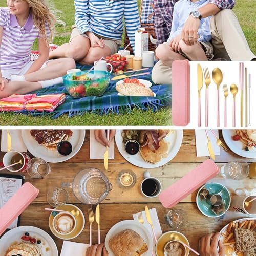 AARAINBOW 6 Pieces Stainless Steel Flatware Set Portable Reusable Cutlery Set Travel Utensils Set Including Chopsticks Knife Fork Spoon Straws Cleaning Brush Dishwasher Safe (B-Pink golden) - Image 4