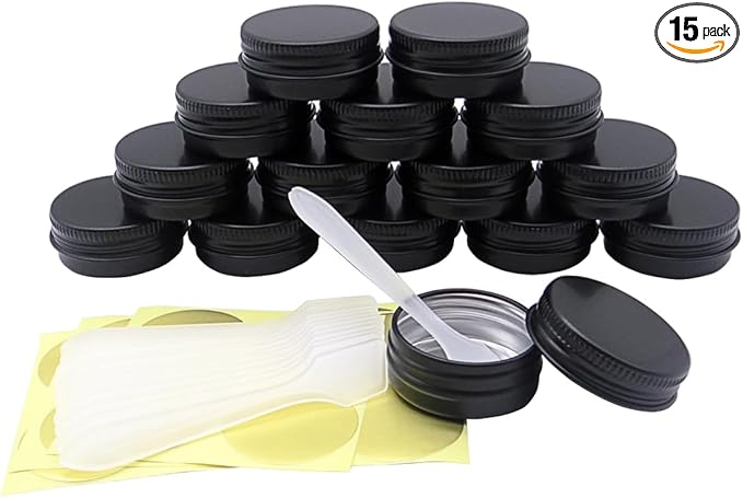 15 Pack 15g Travel Size Aluminum Tins, 15ml Black Metal Tin Cans 1/2 oz Containers with Screw Lid for Makeup Samples, Nails, Lip Gloss Balm, Salve, Slime, Spices, Candy, Paints, Candle, Tea
