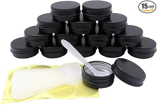 15 Pack 15g Travel Size Aluminum Tins, 15ml Black Metal Tin Cans 1/2 oz Containers with Screw Lid for Makeup Samples, Nails, Lip Gloss Balm, Salve, Slime, Spices, Candy, Paints, Candle, Tea
