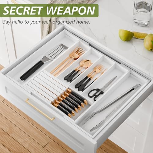 Bamboo Kitchen Silverware Drawer Organizer - Expandable Wood Utensil Holder with Dividers, Luxury Cutlery Storage Tray for Kitchen Utensil and Flatware (5-7 Slots with Removable Knife Block, (White) - Image 2