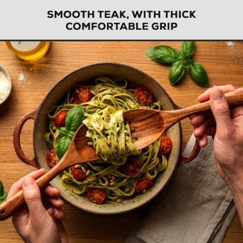 Zulay Kitchen Extra-Large 5-Piece Wooden Spoon Set - Smooth Teak Cooking Utensils - Comfort-Grip Non-Stick Turner, Spatula, Skimmer, Fork, Serving Spoon - Image 7
