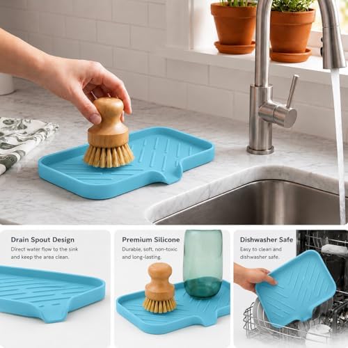MicoYang Silicone Soap Dish with Drain Spout — Self-Draining Sink Organizer Tray for Bathroom & Kitchen, Sponges, Dispensers & Soap Holder, Non-Slip & Dishwasher Safe, Light Blue (Medium, 9.6"×5.3") - Image 3