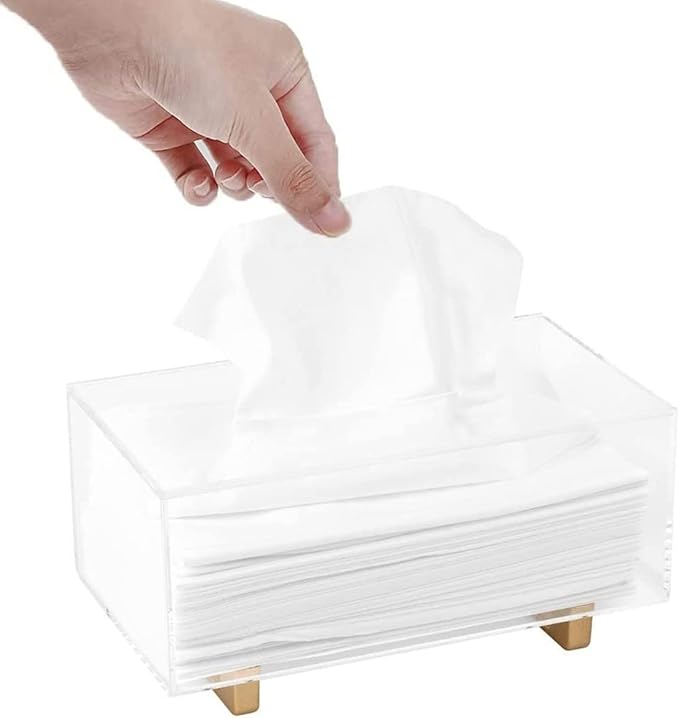 YoBa Thick Acrylic Tissue Box Holder Rectangular Clear Tissue Box Dispenser with Gold Plated Aluminum Legs for Bathroom, Kitchen, Bedroom, Office, Hotels and Restaurant