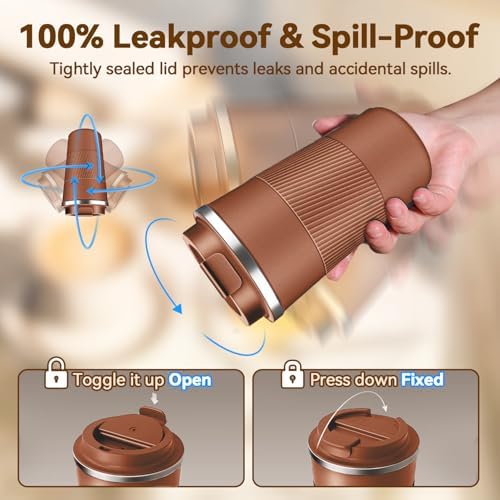 12OZ Travel Coffee Mug Insulated Coffee Cup with Spill Leak Proof Lid, Portable Stainless Steel Tumbler Reusable Hot and Cold Water Mug for Car, Daily, Camping- Coffee - Image 4