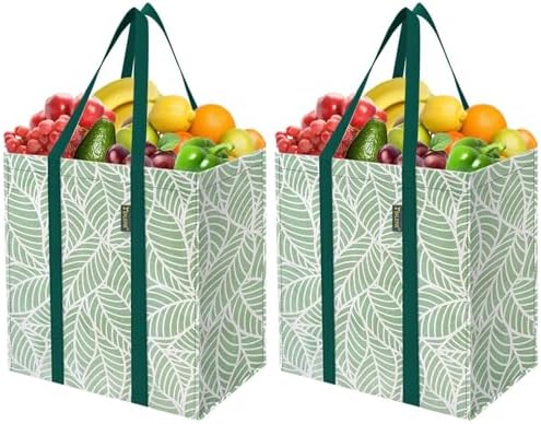 BALEINE 2 PK Grocery Bags Reusable Shopping Bags with Reinforced Bottom, Heavy Duty Foldable Tote Bags (Antique Folidage) by BALEINE