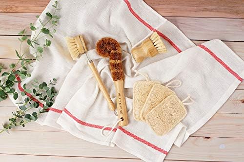 Plant-Based 6pcs Kitchen Brush Set by HELLO NATURE, Sustainable & Biodegradable Natural Fibre Bamboo Dish Brush,Bottle Brush,Pot Brush & 3 Natural Loofah Sponges, Zero-Waste,Plastic Free Kitchen Set - Image 7