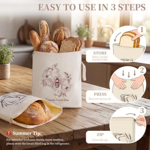 Beeswax Sourdough Bread Bags with Wide Zipper Access, 2 Pack XL 13" x 17" Reusable Linen Cotton Bread Bags for Homemade Bread, Helps Maintain Crust & Freshness (Double-Sided Print Design) - Image 6