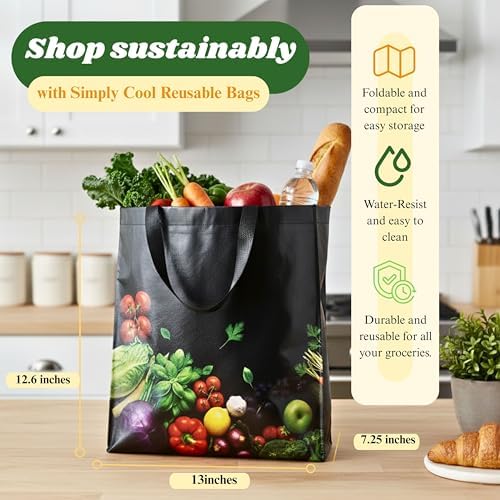 Simply Cool 25 Pack Reusable Grocery Bags, Large Tote Bags Bulk, Black - Image 3