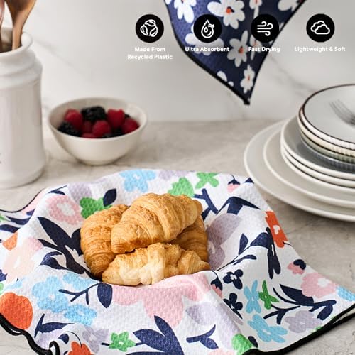 RECYCO Waffle Kitchen Towel Set of 2 - Quick Dry Microfiber Sustainable Dish Towels - Ultra Absorbent Reusable Cleaning Tea Towels - Lightweight Hand Towels,16”x 28”, Whimsy Petals - Image 2