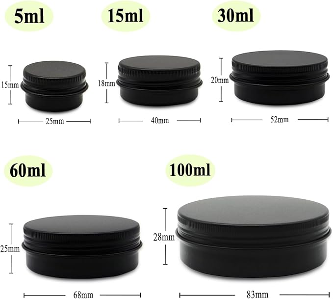 20pack 60ml 2oz Aluminum Tin Jars, 100ml Empty Travel Cosmetic Sample Container, 50 gram Black Metal Tins Can 30ml Storage Travel Jars for DIY Lip Balms, Face Cream, Candle, Tea (mixed size)