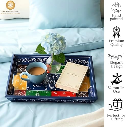 Swadeshi Blessings Hand-Painted Wooden Serving Tray Set of 3, Vintage Blue - Image 4