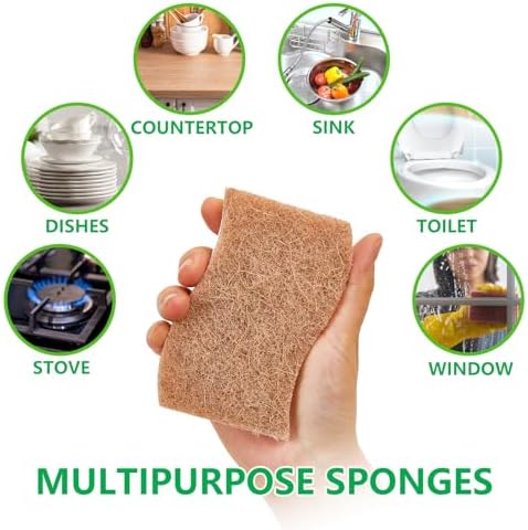 Natural Kitchen Sponges, 12 Pack Non-Scratch Scrubber, Biodegradable Compostable Sisal Cellulose Dish Scrub Sponges, Household Cleaning Sponges for Dishes - Image 4