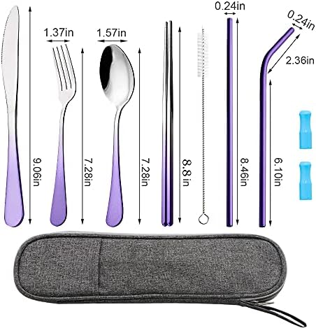 Travel Utensils Set with Case Reusable Portable Cutlery Set Stainless Steel 8pcs Including Dinner Knife Fork Spoon Chopsticks straws (Gradient Purple) - Image 3