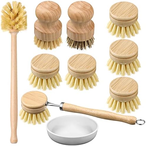 10 Pieces Wooden Dish Brush Set Bamboo Dish Brush Wood Bottle Brush with Replacement Heads for Dishes, Wide Mouth Bottles, Cups and Jars by Thenshop