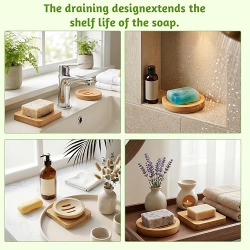 2 Pcs Bamboo Soap Dish Holders, Shower Steamer Holder, Round Natural Wooden Soap Trays, Rustic Bathroom Accessories for Kitchen Bathroom Accessories(Round and Square) - Image 7