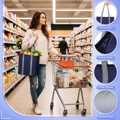 10 Pack 10 Pack Large Insulated Grocery Bag Zippered, Dark Blue - Image 3