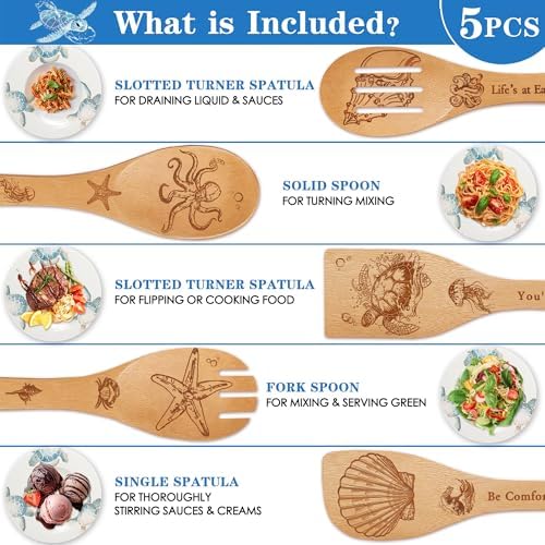 6 PCS Ocean Bamboo Cooking Spoon Set with Utensil Holder,Coastal Themed Kitchen Decor,Beach Accessories Gift for Women,Sea Turtle Lovers,Mother's Day,Housewarming,Birthday,Easter Gifts - Image 3