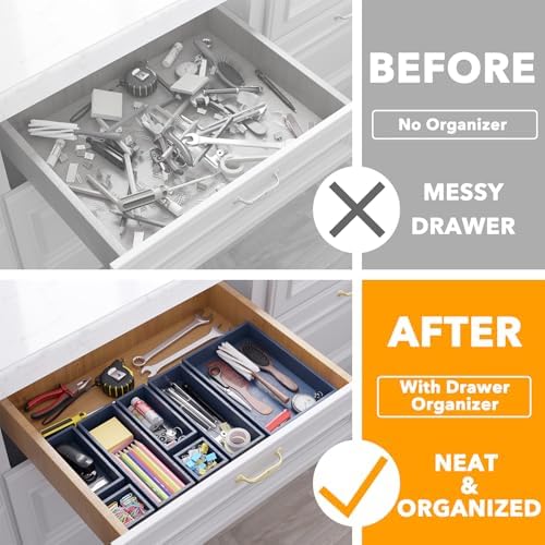 SpaceAid 7-Piece Bamboo Drawer Organizer Storage Boxes Set, Wood Tray Junk Drawer Organizers Multi-Use Divider Bins for Kitchen, Bathroom, Office Desk and Makeup Organization (7 Pack, Navy Blue) - Image 2