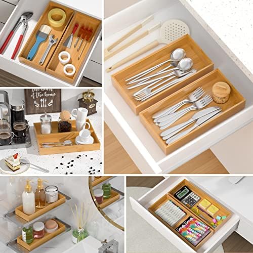 VeyFey Bamboo Drawer Organizer, Stackable Utensil Organizer for Kitchen, Bamboo Storage Box Wood Silverware Tray for Drawer 15" x 6" x 2" Set of 2 - Image 4