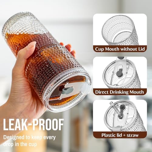 SoulTimes 20oz Hobnail Glass Tumbler with Bamboo Lids and Straws - Iced Coffee Glass Cups for Smoothie, Matcha, Juice, Water etc. Leakproof and Reusable Glassware Drinking for Travel To Go [4 Pcs] - Image 5