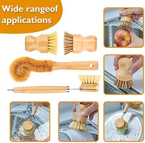 SAMEBUTECO Bamboo Dish Brushes Sets 4 Tools in One Kitchen Clean Dish Scrubber for Pots Pans Bottles with Natural Bristles (Bamboo Brushes Sets) - Image 4