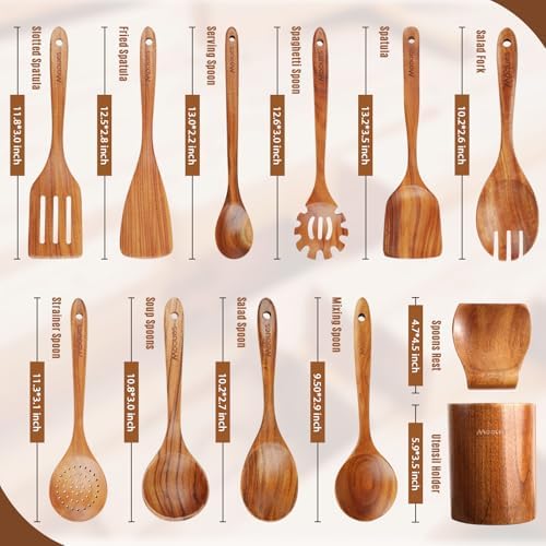 Wooden Spoons for Cooking 12PCS Teak Wooden Kitchen Utensil Set - Image 2