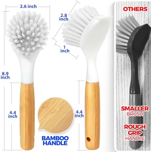 Holikme 3 Pack Dish Brush with Bamboo Handle Cleaning Brush,White - Image 6