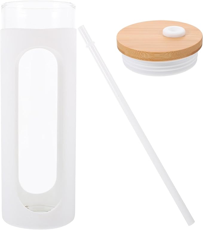 FUOYLOO Reusable Glass Drinking Cup with Lid and Straw, Silicone Sleeve Cold Brew Coffee Tumbler, White 16Oz Beverage Water Bottle for Juice and Beer
